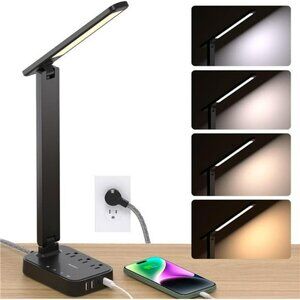 LED desk lamp with USB charging ports power strip adjustable brightness for offi